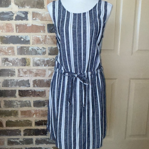 Old Navy Blue White Stripe Linen Blend Mini Dress Cinch Waist Drawstring Tie SzM - Picture 2 of 10